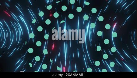 Image of green dots over black space with pink and blue lights moving fast Stock Photo