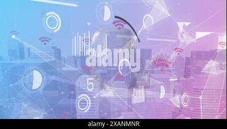 Image of plexus networks and interface with data processing against tall buildings Stock Photo