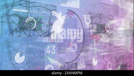 Image of plexus networks and interface with data processing against tall buildings Stock Photo