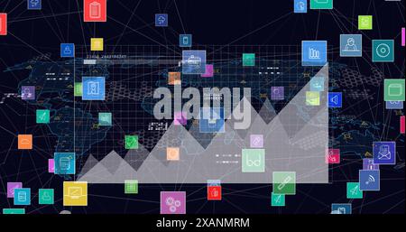 Image of network of digital icons over statistical data processing against world map Stock Photo
