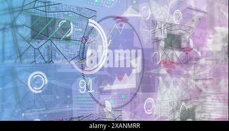 Image of plexus networks and interface with data processing against tall buildings Stock Photo