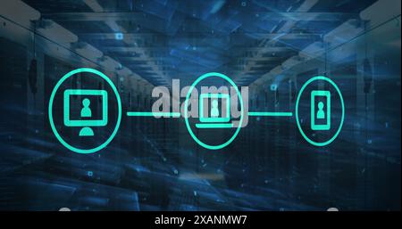Image of icons, neon lines, data processing over servers Stock Photo