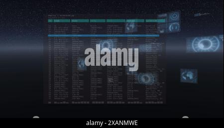 Image of multiple round scanners and interface with data processing against space Stock Photo