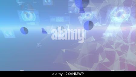 Image of multiple round scanners and data processing over plexus networks on gradient background Stock Photo