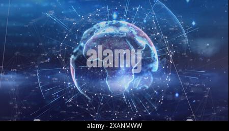 Image of rays around illuminated rotating globe in circles, numbers over abstract background Stock Photo