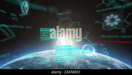 Image of chemical structures and data processing against globe and light spot Stock Photo