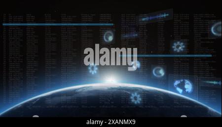 Image of round scanners and data processing against glowing light spot over globe Stock Photo