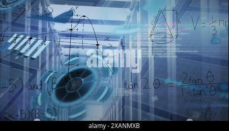 Image of screens with data processing and mathematical equations against computer server room Stock Photo