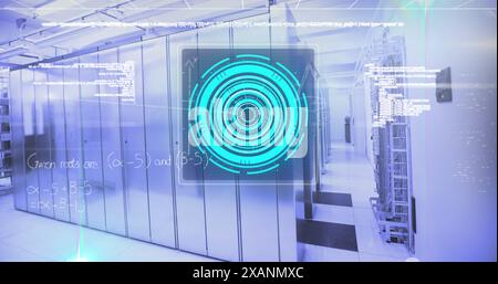 Image of screens with data processing and mathematical equations against computer server room Stock Photo