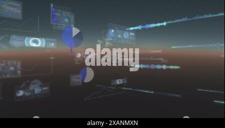 Image of screens with data processing against dual tone background Stock Photo