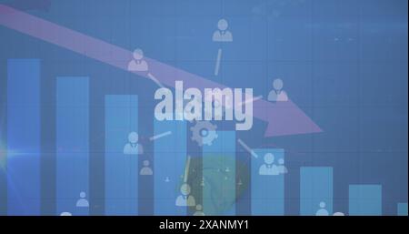 Image of network of digital icons and statistical data processing against blue background Stock Photo