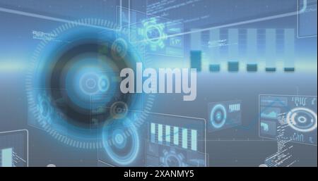 Image of round scanner and data processing against glowing light spot on blue background Stock Photo