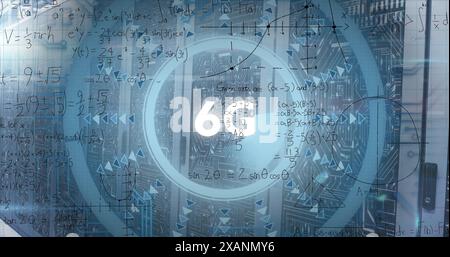 Image of 6g text over round scanner and mathematical equations against computer server room Stock Photo