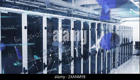 Image of data processing and mathematical equations against plexus networks over server room Stock Photo