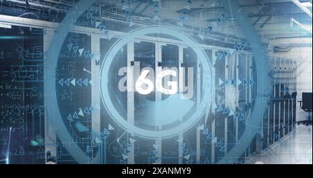 Image of 6g text over round scanner and mathematical equations against computer server room Stock Photo