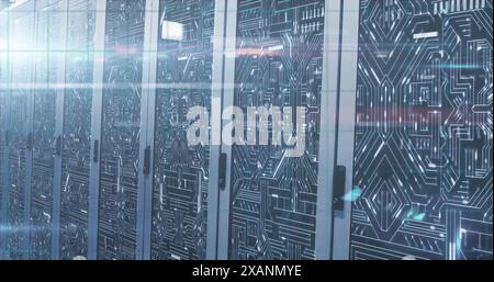 Image of 6g text over round scanner and mathematical equations against computer server room Stock Photo