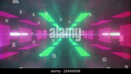 Image of falling numbers over digital tunnel, copy space Stock Photo