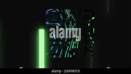 Image of qr code over neon geometrical shapes, copy space Stock Photo