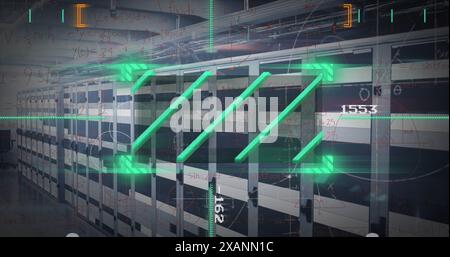 High-tech server room with advanced digital overlay displaying data and calculations Stock Photo
