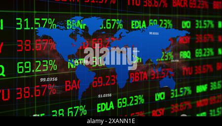 Image of map with numbers over trading board and computer language against black background Stock Photo