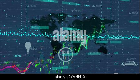 Image of financial data processing with icons over world map Stock Photo