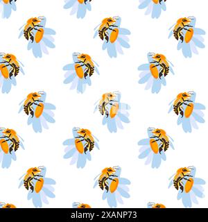 Spring seamless pattern rows of cute white daisies bee white Summer template Plant wildflower ditsy ornament wrapping fabric wallpaper textile mosaic vector Stock Vector