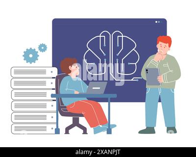 Machine learning engineer AI artificial intelligence software developer programmer brain and server Stock Vector
