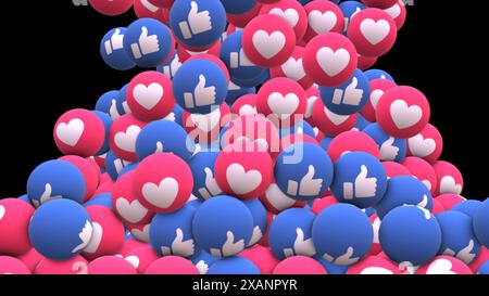 A digital illustration depicting a large quantity of social media icons, specifically thumbs up and hearts, piled on top of one another. Stock Photo
