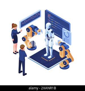 Isometric Business People Showcasing a Presentation on AI Robot Technology. Artificial Intelligence and Robotic Technology Concept Stock Vector