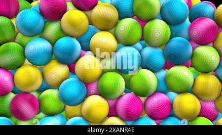 A close-up shot of a colorful collection of spheres, each with a unique and textured surface. The vibrant hues of blue, yellow, green, and pink. Stock Photo