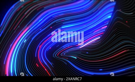 An abstract representation of fiber optic data flow, depicted as vibrant blue and pink lines swirling and merging. Stock Photo