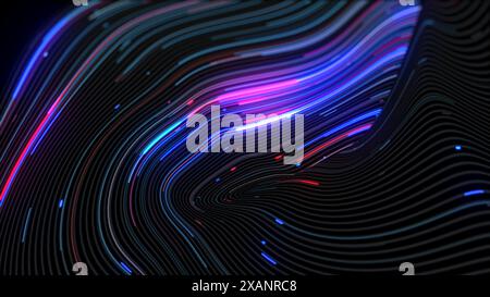 A digital river of data flows through fiber optics, visualized as a mesmerizing array of colorful lines and curves against a dark backdrop. Stock Photo