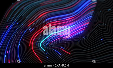 This abstract image depicts the flow of data through fiber optic cables, visualized as a mesmerizing wave of bright blue and red lines. Stock Photo
