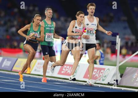 Rome, Italy 7.06.2024:   Christopher O'DONNELL, Rhasidat ADELEKE, Thomas BARR, Sharlene MAWDSLEY of Ireland win gold medal in  4 x 400m Relay Mixed Fi Stock Photo