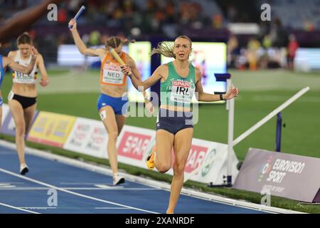 Rome, Italy 7.06.2024:   Christopher O'DONNELL, Rhasidat ADELEKE, Thomas BARR, Sharlene MAWDSLEY of Ireland win gold medal in  4 x 400m Relay Mixed Fi Stock Photo