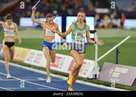 Rome, Italy 7.06.2024:   Christopher O'DONNELL, Rhasidat ADELEKE, Thomas BARR, Sharlene MAWDSLEY of Ireland win gold medal in  4 x 400m Relay Mixed Fi Stock Photo