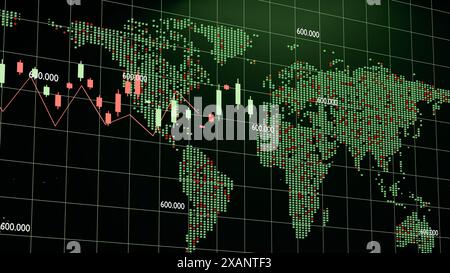 Global Financial Data Visualization: Digital World Map with Trading Chart Stock Photo