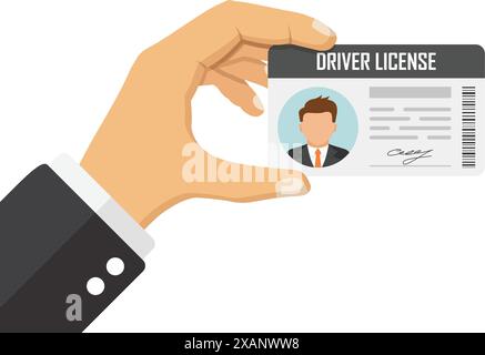Hand holding driver license icon in flat style. Id card vector illustration on isolated background. Person document sign business concept. Stock Vector