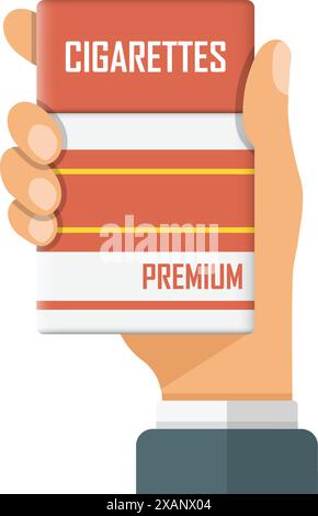 Hand holding packet of cigarettes icon in flat style. Smoking vector illustration on isolated background. Tobacco box sign business concept. Stock Vector
