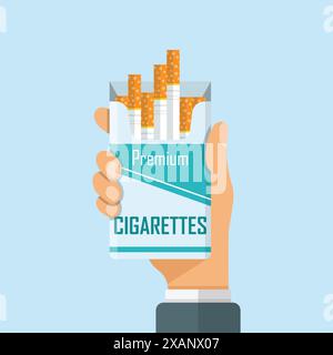 Hand holding packet of cigarettes icon in flat style. Smoking vector illustration on isolated background. Tobacco box sign business concept. Stock Vector