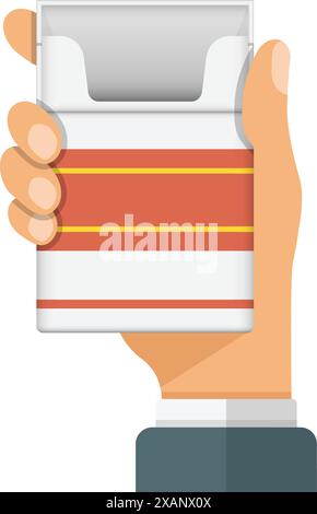 Hand holding packet of cigarettes icon in flat style. Smoking vector illustration on isolated background. Tobacco box sign business concept. Stock Vector