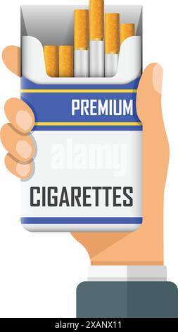 Hand holding packet of cigarettes icon in flat style. Smoking vector illustration on isolated background. Tobacco box sign business concept. Stock Vector