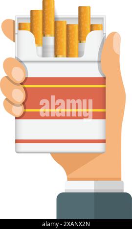 Hand holding packet of cigarettes icon in flat style. Smoking vector illustration on isolated background. Tobacco box sign business concept. Stock Vector