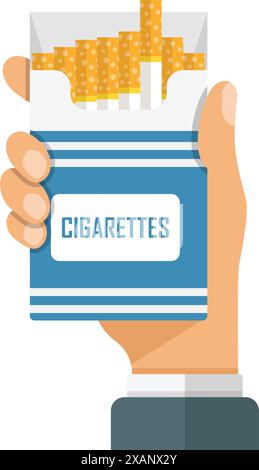 Hand holding packet of cigarettes icon in flat style. Smoking vector illustration on isolated background. Tobacco box sign business concept. Stock Vector