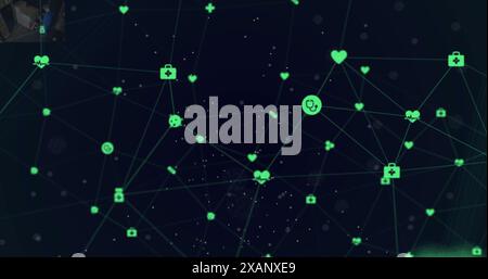 Image of technology icons floating on black background, copy space Stock Photo