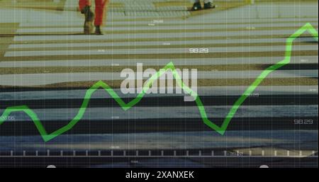 Image of green line and data processing over man on zebra crossing Stock Photo