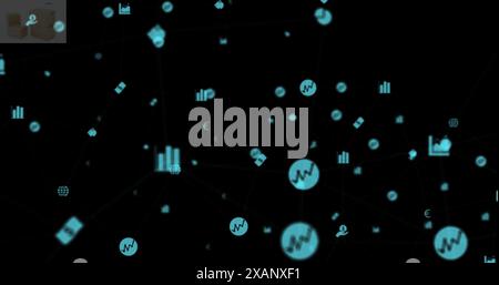 Image of technology icons floating on black background, copy space Stock Photo