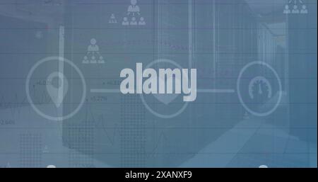 Image of icons connected with lines and graphs with profile icons and numbers over server room Stock Photo