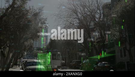 Image of line graphs with numbers over tram moving on tramway amidst cars parked on road in city Stock Photo