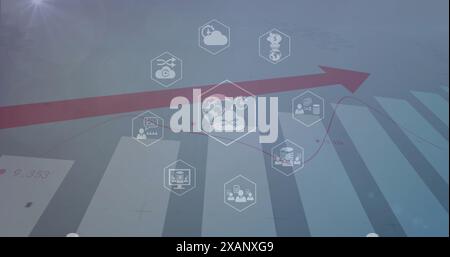Image of icon in hexagons over bar graphs with numbers and red arrow Stock Photo